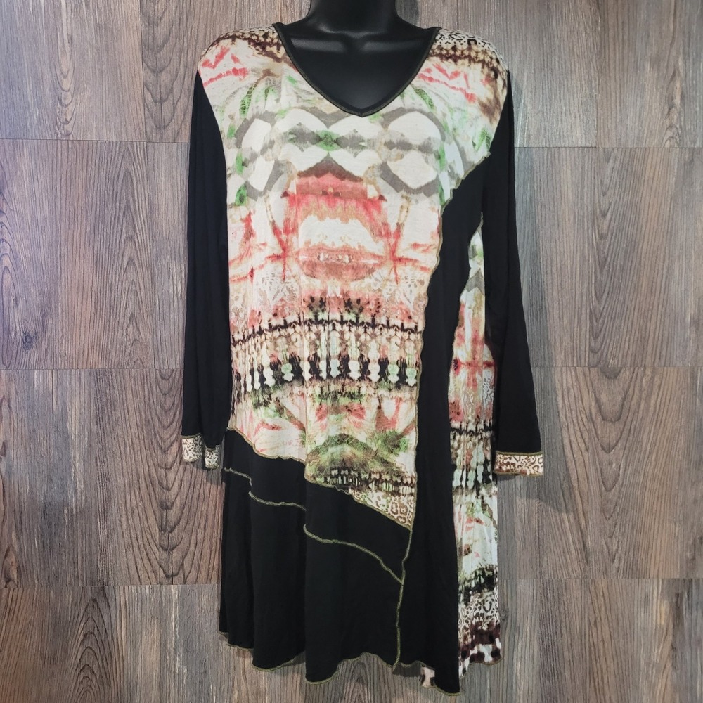Parsley & Sage Abstract Tunic 1X Black Multi Asymmetric Seams 3/4 Sleeve Artsy